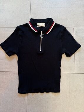 Urban Outfitters Black Short-Sleeve Polo with Red and White Stripe Collar